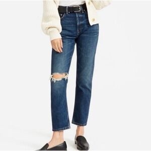 Everlane The Cheeky Ripped Knee Jean Mid Wash‎ Distressed Cropped 26 EUC Button